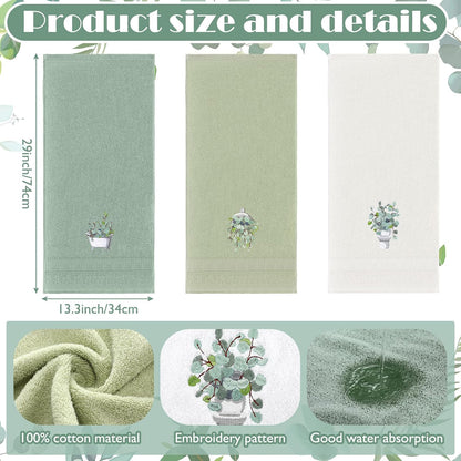 FuWeave 3 Pcs Eucalyptus Leaves Hand Towels for Bathroom Kitchen Decor