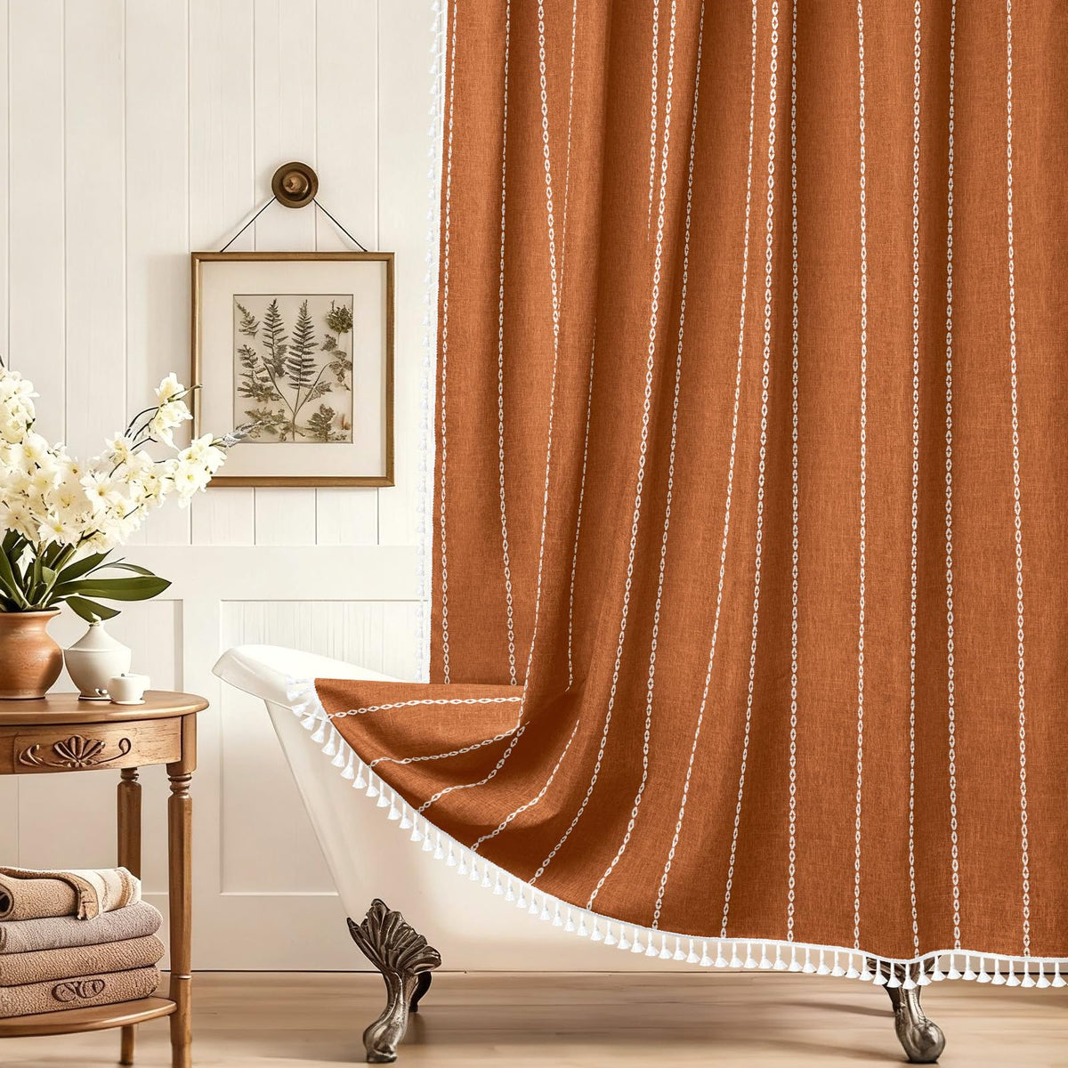 Seenus Boho Farmhouse Linen Shower Curtain with Tassels, Tan Brown Heavyweight Soft Fabric Shower Curtain Striped, 72 x 72 Inch Taupe Water Repellent Rustic Country Bathroom Curtain Wrinkle-Free