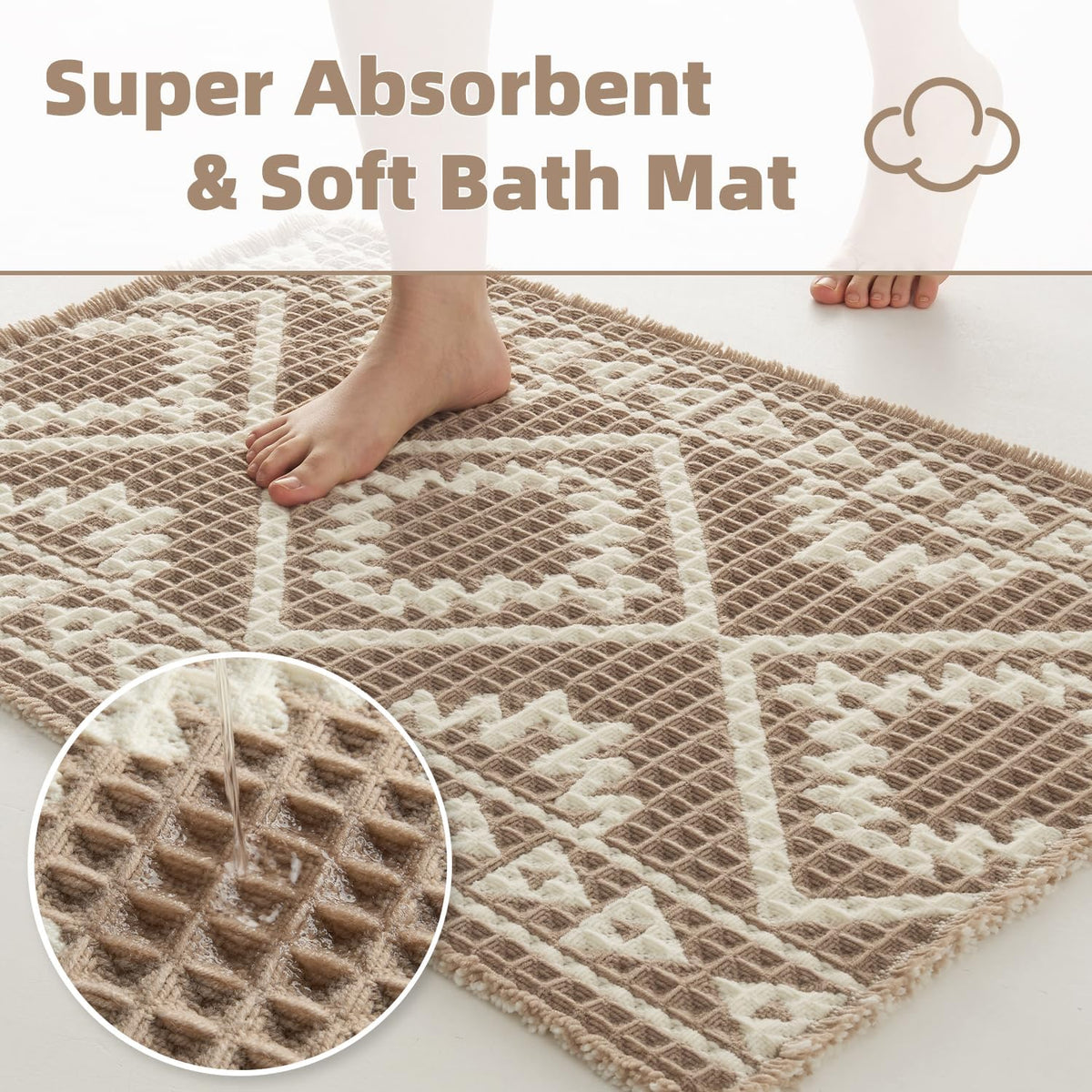 PADOOR-Waffle Bath Mat-Super Absorbent Bath Mats for Bathroom, Machine Washable Non Slip Bathroom Rug with Tassels, Soft Bathroom Mat for Laundry Room, Bedroom, Brown & Cream, 17"x28"