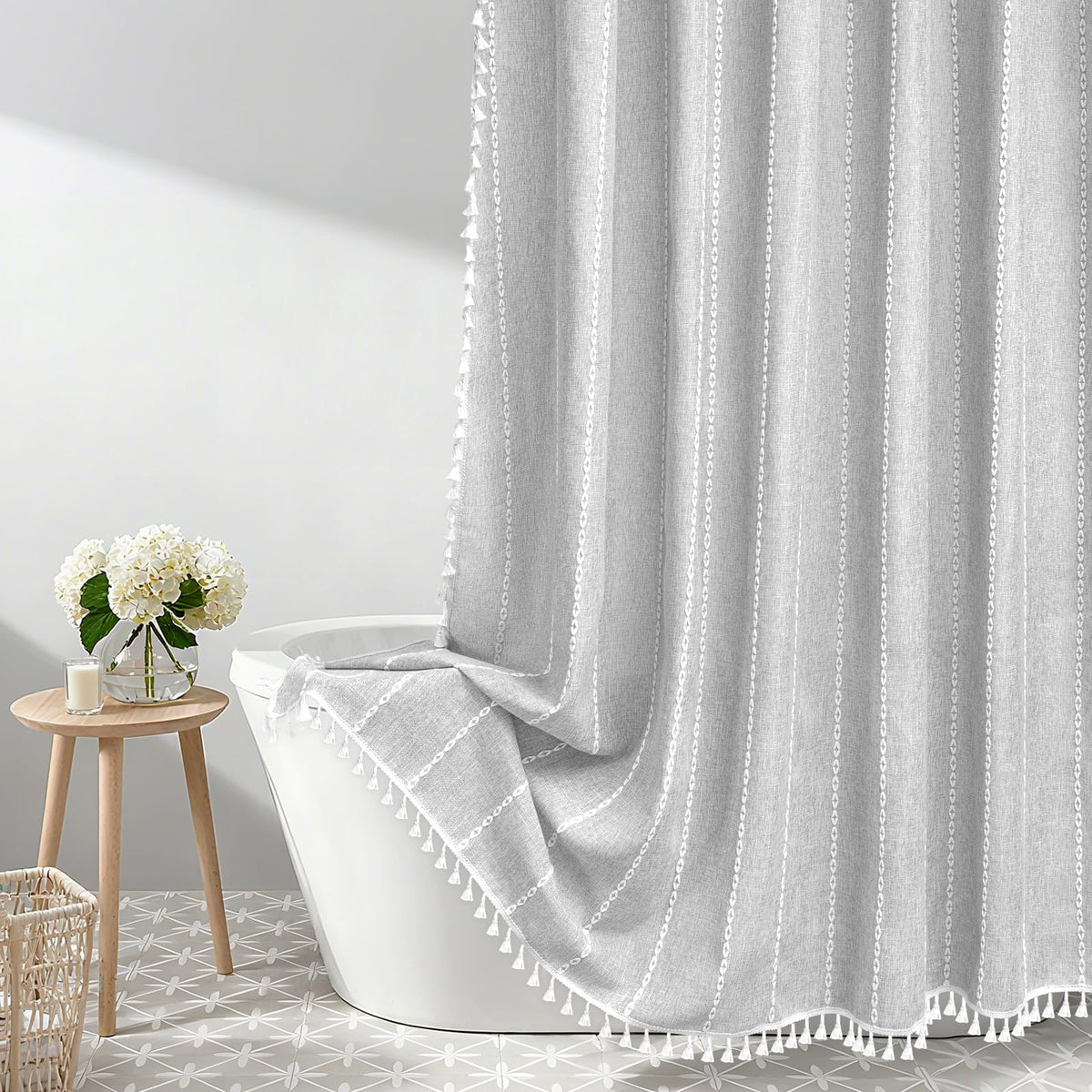 Seenus Boho Farmhouse Linen Shower Curtain with Tassels, Tan Brown Heavyweight Soft Fabric Shower Curtain Striped, 72 x 72 Inch Taupe Water Repellent Rustic Country Bathroom Curtain Wrinkle-Free