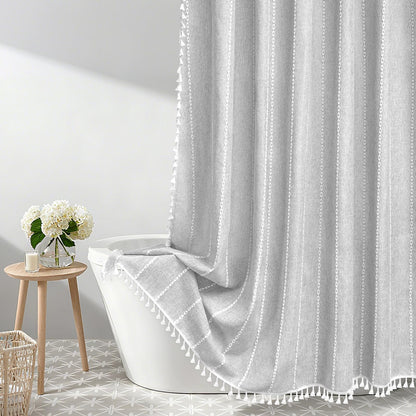 Seenus Boho Farmhouse Linen Shower Curtain with Tassels, Tan Brown Heavyweight Soft Fabric Shower Curtain Striped, 72 x 72 Inch Taupe Water Repellent Rustic Country Bathroom Curtain Wrinkle-Free