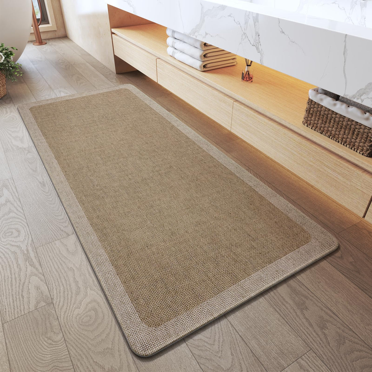 YDKGL Half Circle Bath Mat, Non Slip Thin Bathroom Rugs, Brown 16x24