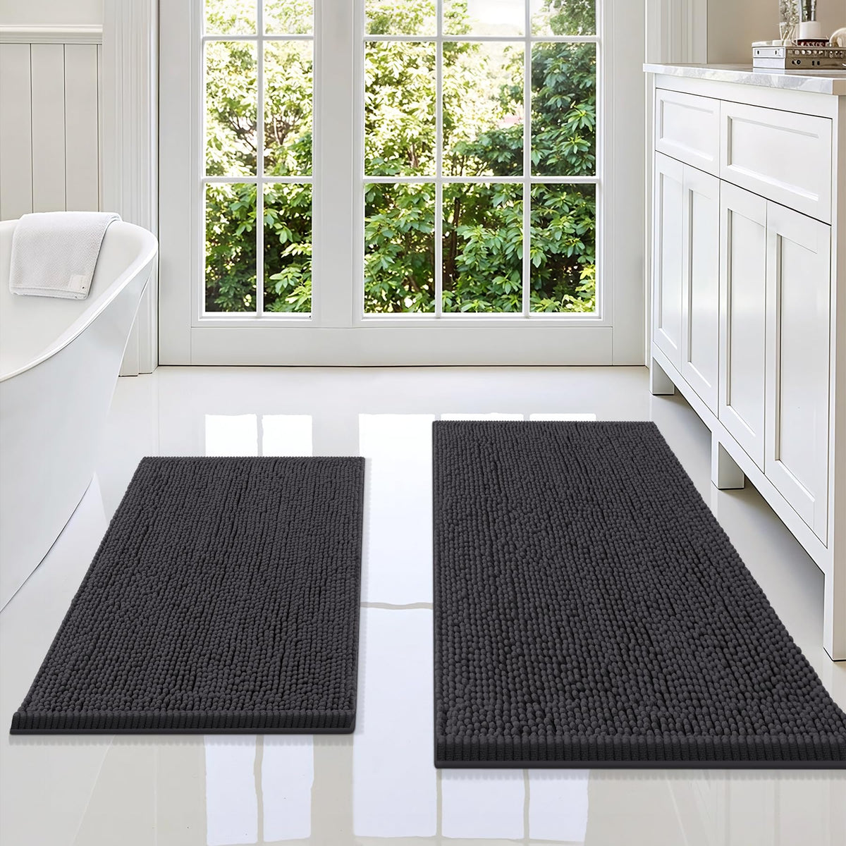 Smiry Chenille Bathroom Rugs Sets 2 Piece (30x20+24x16, Black)