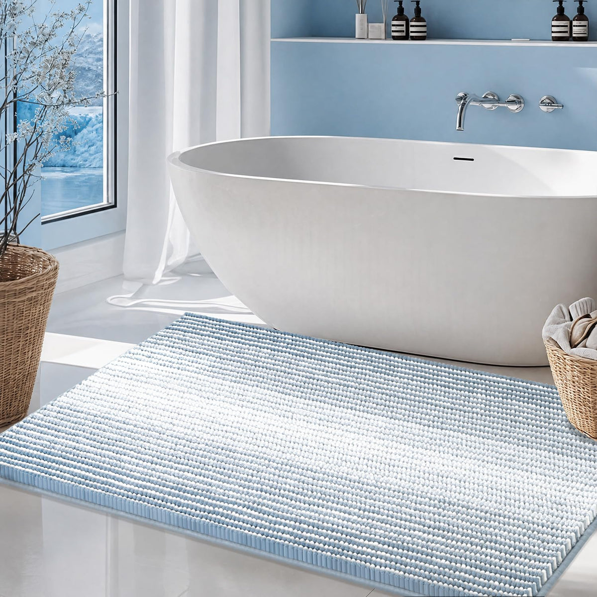 BSICPRO Bathroom Rugs Sets 2 Piece, Non Slip Striped Bath Mats, Fog Blue