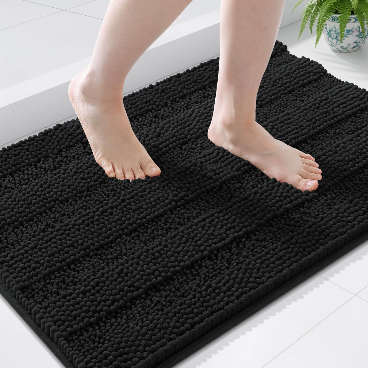 Grandaily Chenille Striped Bathroom Rugs 36x24, Extra Thick and Absorbent Bath Mats, Non-Slip Soft Plush Shaggy Shower Carpet, Machine Wash Dry, Bath Rug for Bathroom, (Large, Light Grey)