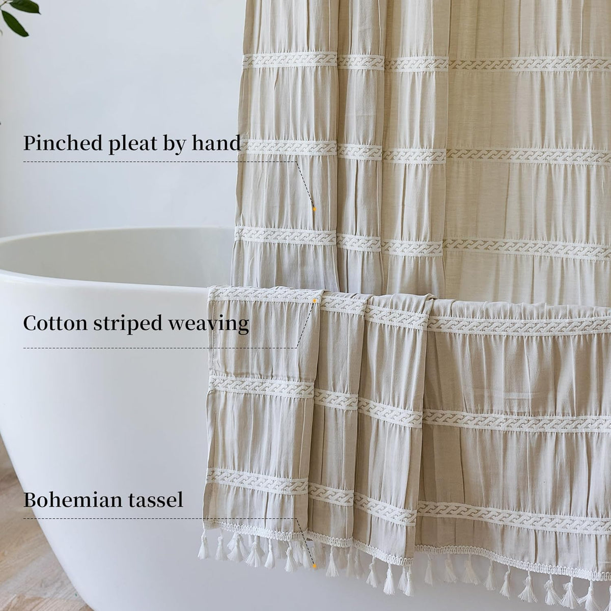 Siiluminisoy Extra Long Shower Curtain Fabric 72 x 84 Inch Shower Curtain Cream Striped Cotton Blend Thick Farmhouse Shower Curtains for Country Bathroom Decor, Beige