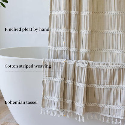 Siiluminisoy Extra Long Shower Curtain Fabric 72 x 84 Inch Shower Curtain Cream Striped Cotton Blend Thick Farmhouse Shower Curtains for Country Bathroom Decor, Beige