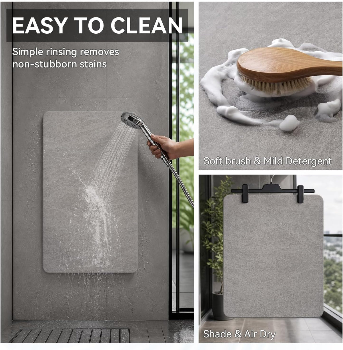 MontVoo -Bath Mat-Rubber Backing Non SlipThin Bathroom Rugs Fit Under Door- Quick Dry Absorbent Faux Suede Surface Grey Bathroom Floor Mats-Shower Rug for in Front of Bathtub Shower Gray 16x24