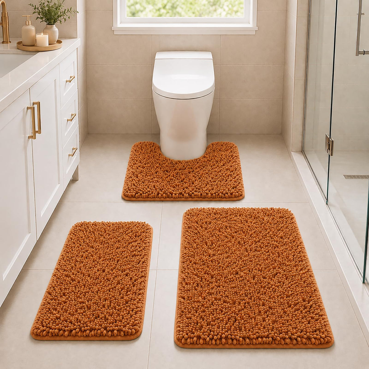 Bathroom Rugs Set Non Slip 3 Piece Bath Mat Washable Chenille Bath Rugs with PVC Backing Bath Carpet,Absorbent Bathroom Mats with Toilet Rug,Bath Mats for Bathroom,Bedroom, Kitchen,Tub,Home Decor