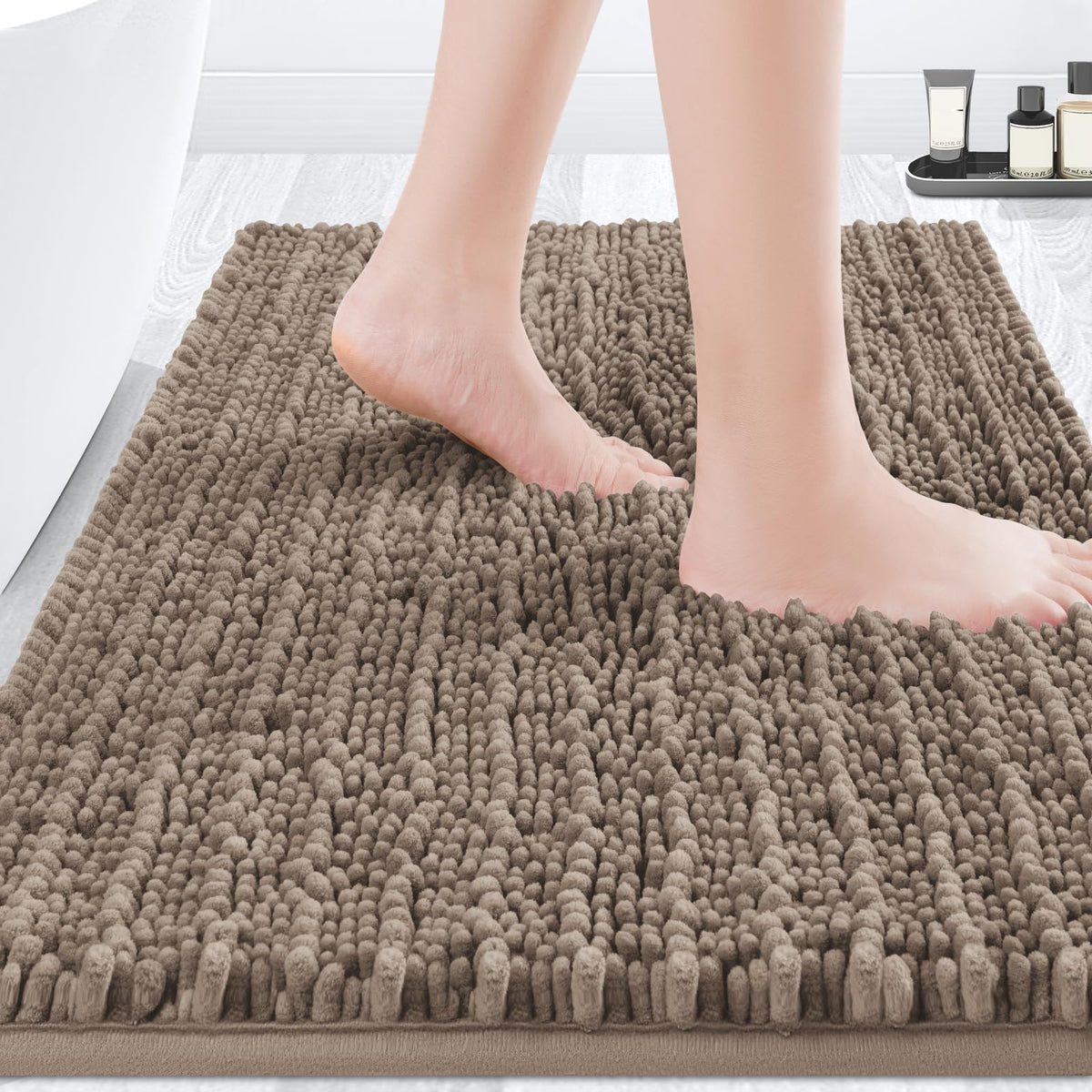 ACCUMTEK Upgrade Extra Large Black Bathroom Rug Set 3 Pieces Ultra Soft, Thick Absorbent Bath Mats, Non Slip Chenille Toilet Mat for Bathroom, Bedroom, Kitchen