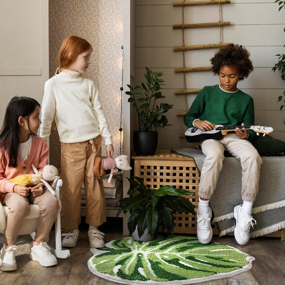 Panstar Large Monstera Leaf Bath Mat, Non Slip Green Plant Bathroom Rug, Absorbent Cute Palm Shaped Bathtub Rug Bathroom Plush Shower Rugs (32"X26")