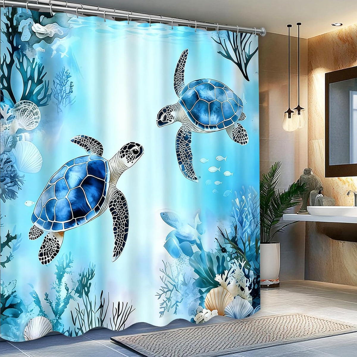 Sea Turtle Shower Curtain,Ocean Beach Shower Curtain, Tropical Summer Sea Theme Bathroom 72x72 Inch Proof Polyester Insulated Home Decor