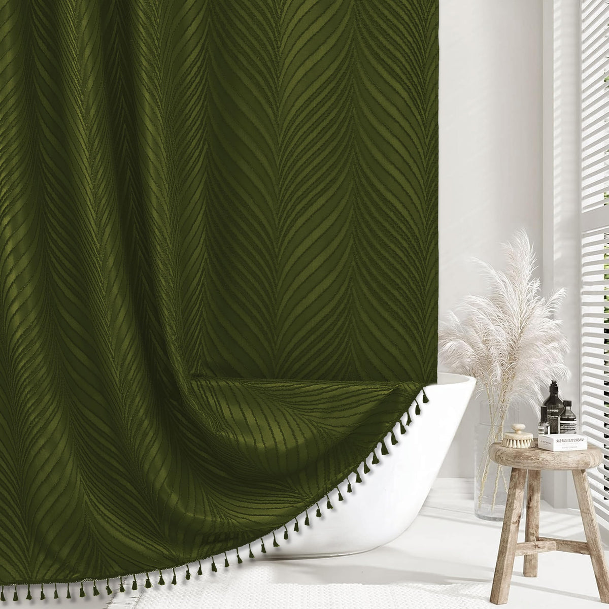 Siiluminisoy Dark Green Boho Shower Curtain Green Shower Curtain for Bathroom Fabric Tufted Chervon Textured Shower Curtains Elegant Cloth Shower Curtains Cute, 72" x72"