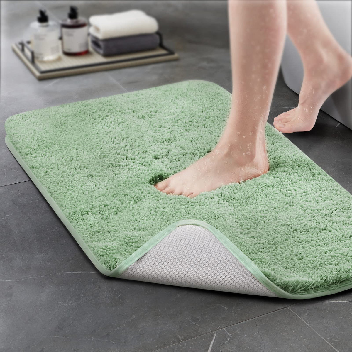 TECHMILLY Shaggy Bathroom Rugs Thick Non Slip Microfiber Mat Green 17"x24"