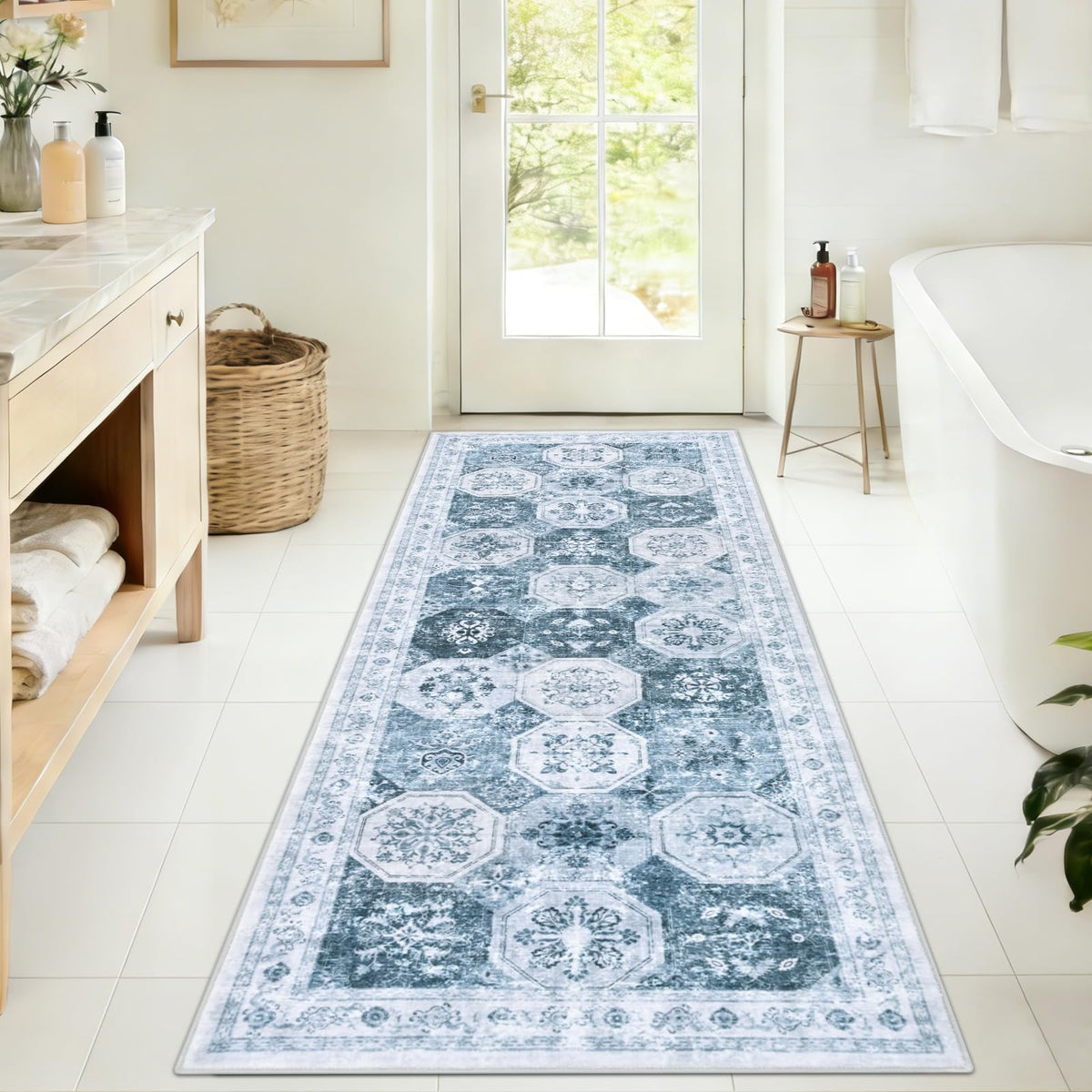 Yinhua Boho Bathroom Runner Rug Non Silp, Vintage Long Bath Mat Washable