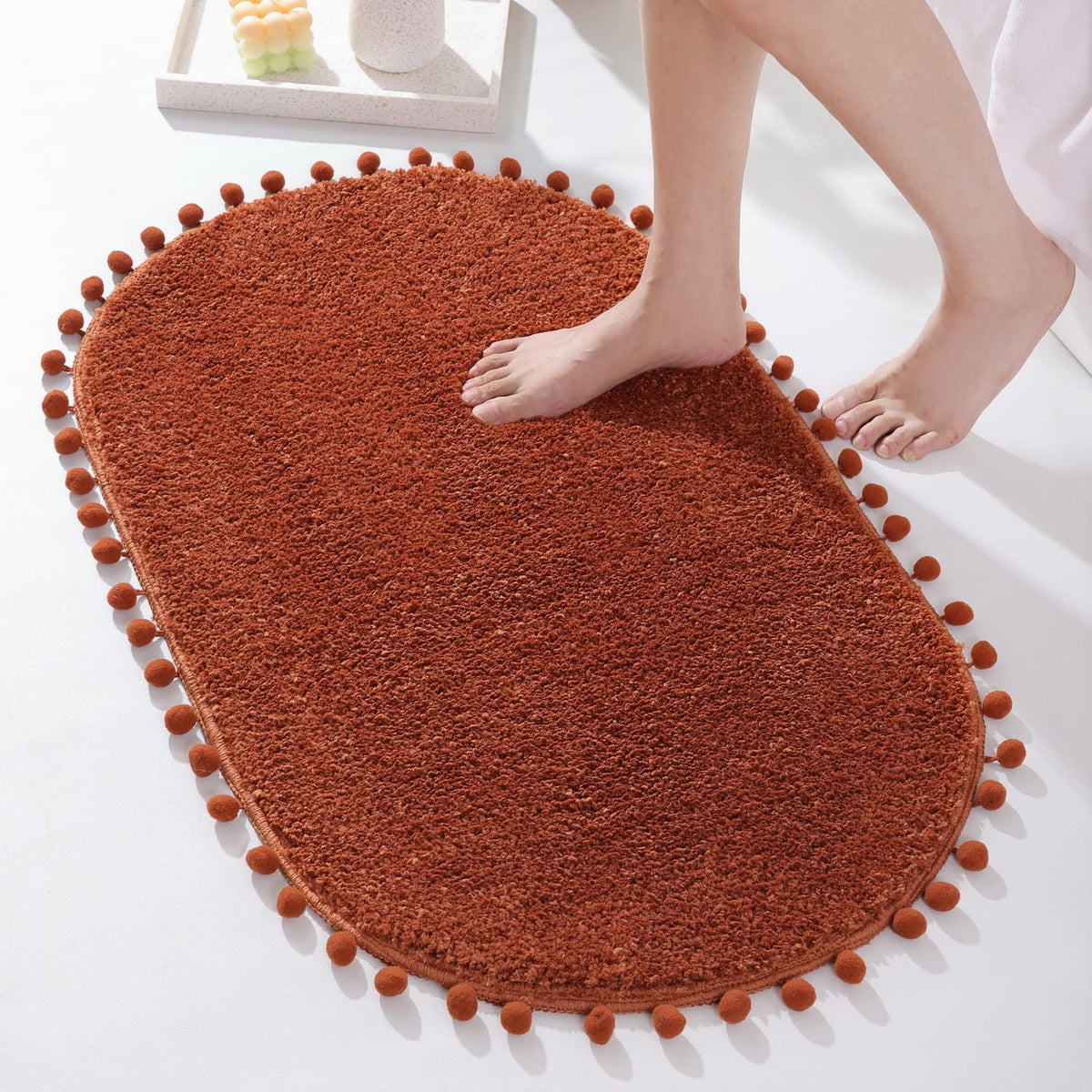 YIRDDEO Oval Rug for Bathroom, Cute Boho Bath Mat with Pom, Olive Green