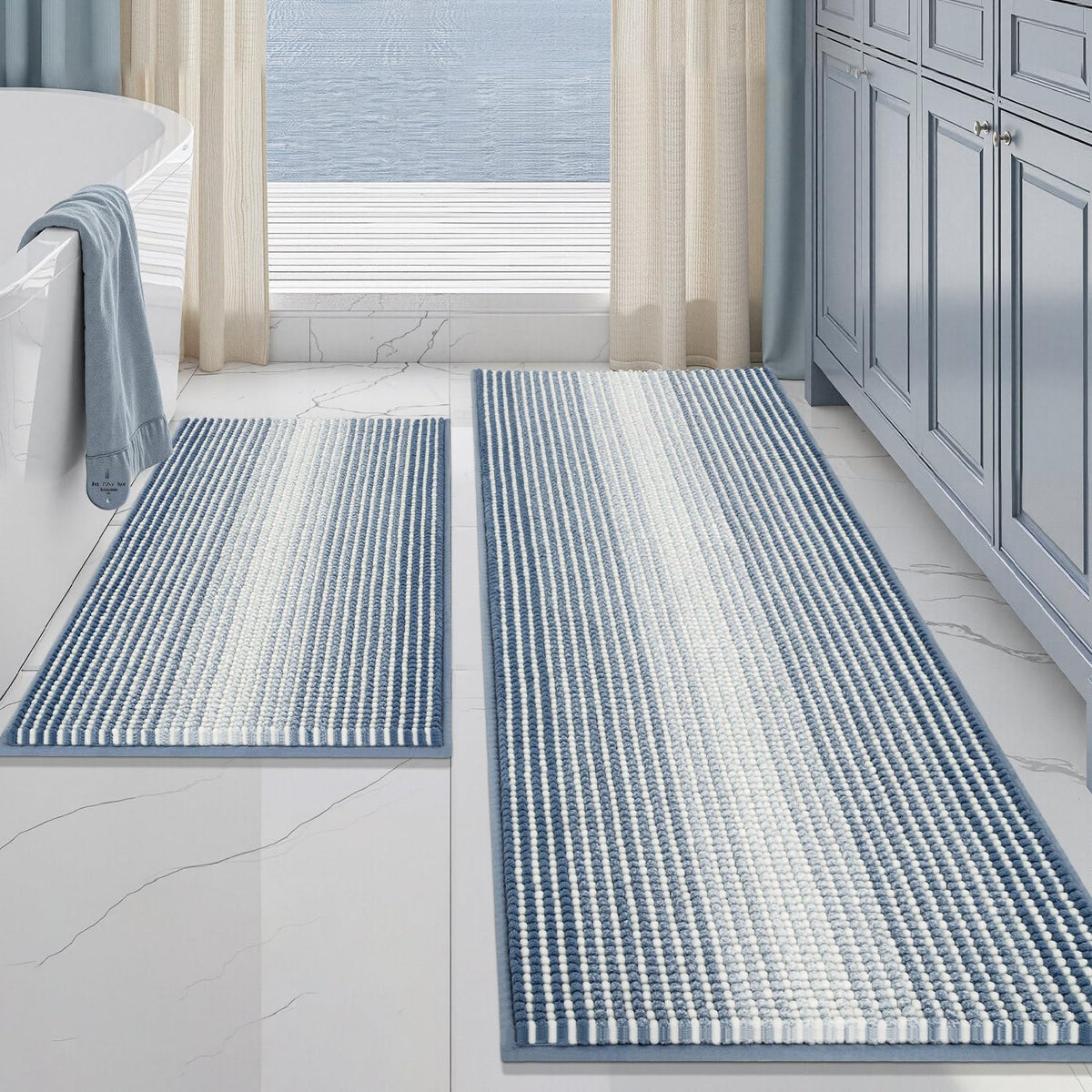 BSICPRO Bathroom Rugs Sets 2 Piece, Non Slip Striped Bath Mats, Fog Blue