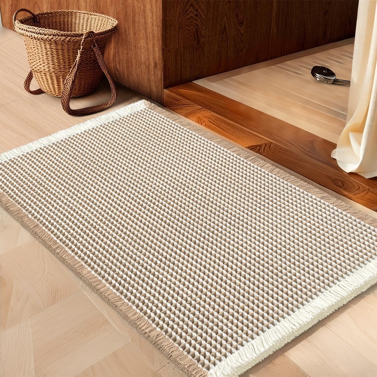 IM HOME Waffle Bath Mat Beige 32"x20", Boho Woven Modern Bath Mat Rugs, Absorbent Non Slip Bathroom Rugs, Soft Washable Bath Rugs with Tassels for Bathroom, Bedroom, Kitchen, Shower, Tub