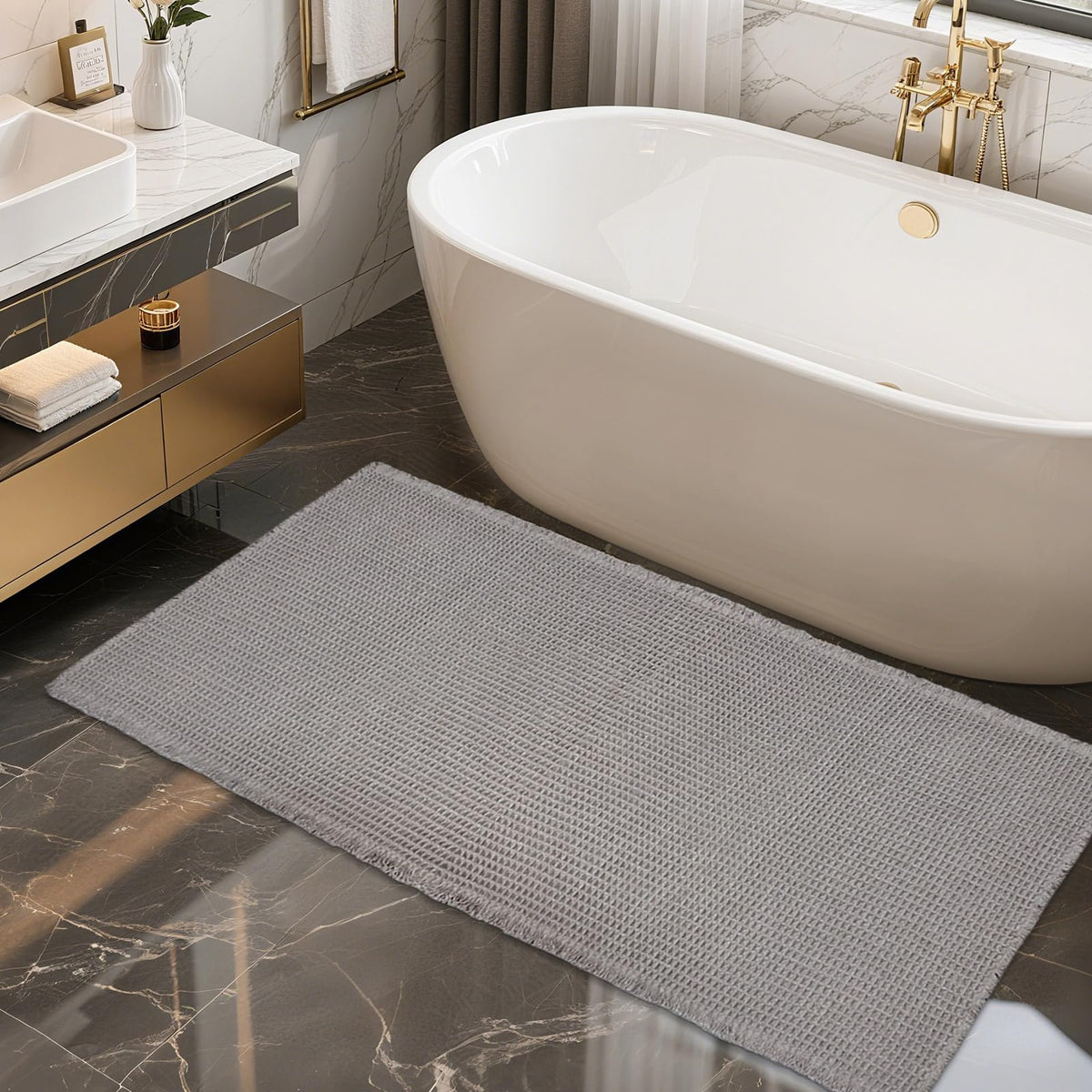 ZALL Tan Waffle Bath Mat,Super Absorbent Non Slip Bathroom Rug,Brown 18x30inch,Machine Washable Ultra Soft Floor Mats