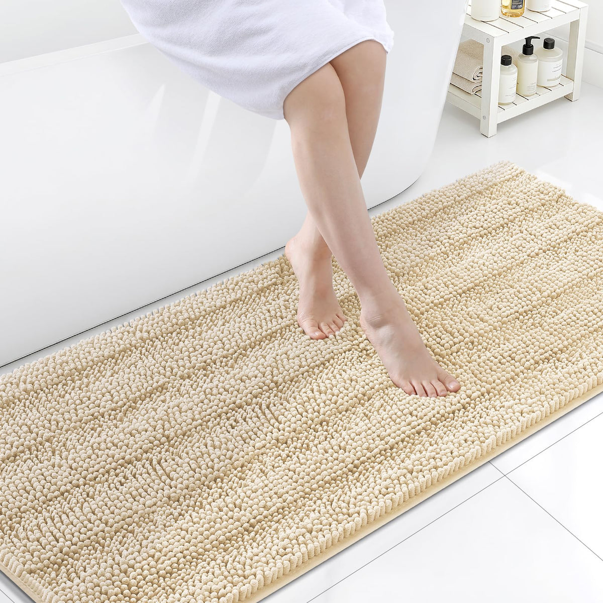 Grandaily Chenille Striped Bathroom Rugs 36x24, Extra Thick and Absorbent Bath Mats, Non-Slip Soft Plush Shaggy Shower Carpet, Machine Wash Dry, Bath Rug for Bathroom, (Large, Light Grey)