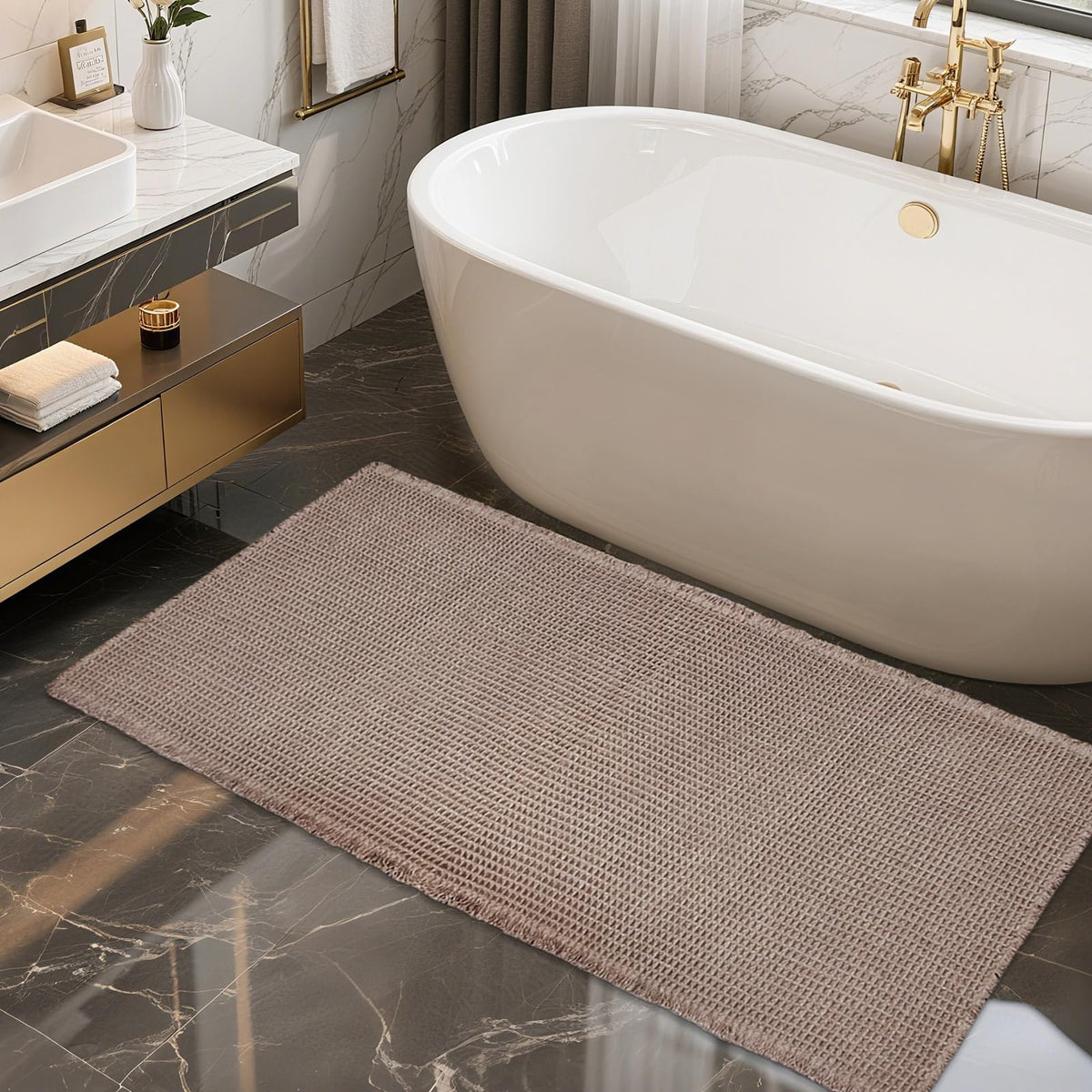 ZALL Tan Waffle Bath Mat,Super Absorbent Non Slip Bathroom Rug,Brown 18x30inch,Machine Washable Ultra Soft Floor Mats