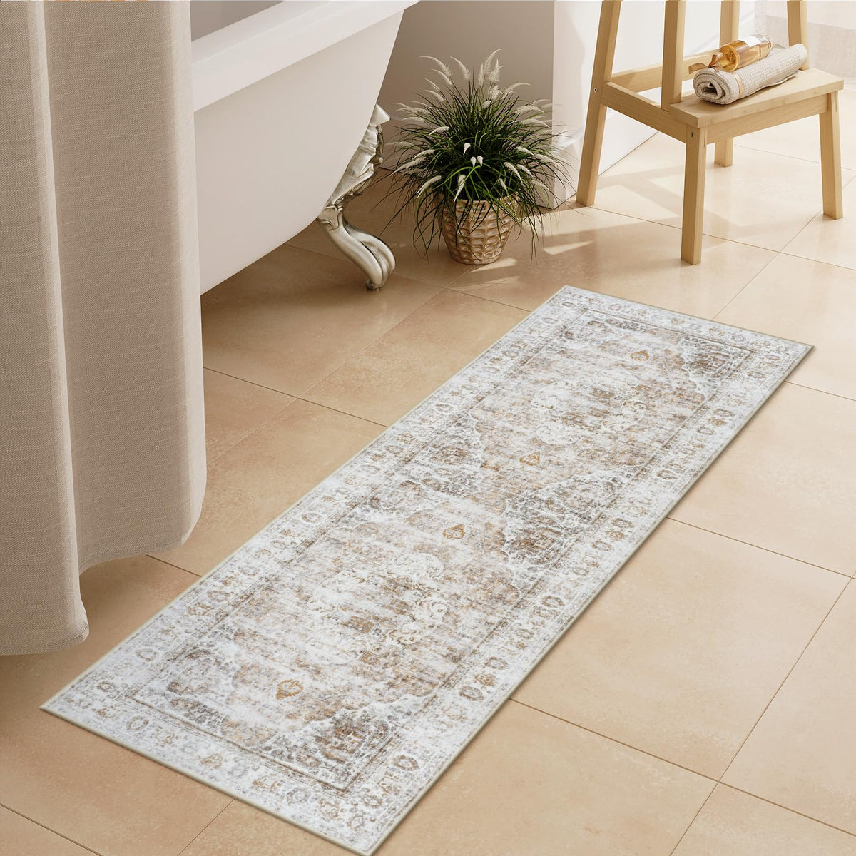 Uphome Boho Small Bath Mat, Distressed Farmhouse Light Khaki Bath Rugs, Comfy Velvet Bathroom Rugs Non Slip Washable, Vintage Oriental Toilet Rug for Sink Shower Vanity, 18x26 inch