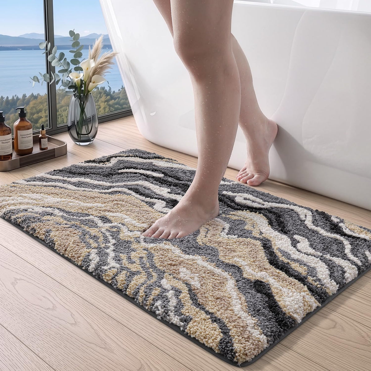 DEXI Marble Bath Mats 36x24, Bathroom Rugs Non Slip Machine Washable, Grey