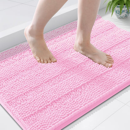 Grandaily Chenille Striped Bathroom Rugs 36x24, Extra Thick and Absorbent Bath Mats, Non-Slip Soft Plush Shaggy Shower Carpet, Machine Wash Dry, Bath Rug for Bathroom, (Large, Light Grey)