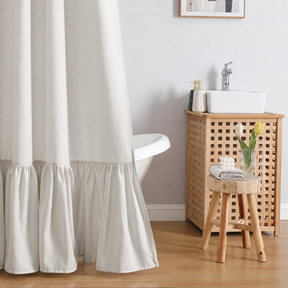 QiyI Boho Ruffle Shower Curtain, Linen Blend Fabric, Natural, 72 x 72