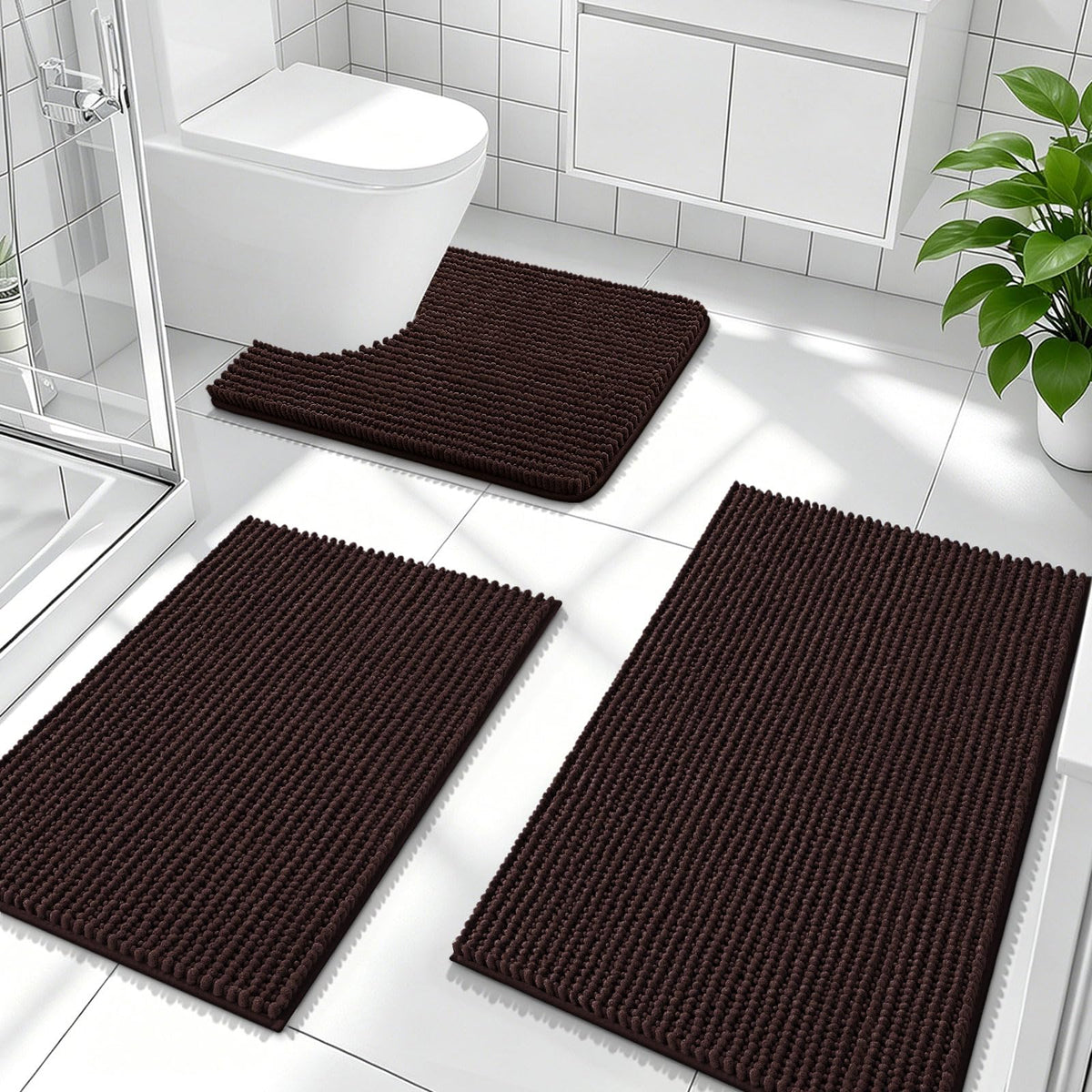OLANLY Bathroom Rugs Sets 3 Piece, Super Soft Absorbent Chenille Bath Mats and U-Shaped Toilet Rug, Quick Dry, Home Decor, Bath Mat Set for Bathroom (24"x16"+24"x20"+30"x20", Grey)