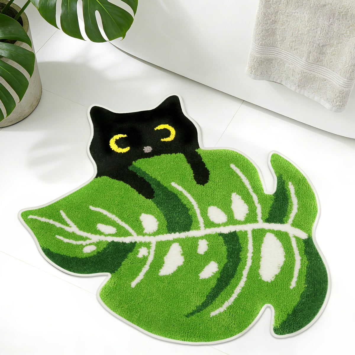 Bathroom Rugs with Green Leaf,Black Cat Monstera Rug