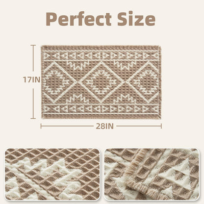 PADOOR-Waffle Bath Mat-Super Absorbent Bath Mats for Bathroom, Machine Washable Non Slip Bathroom Rug with Tassels, Soft Bathroom Mat for Laundry Room, Bedroom, Brown & Cream, 17"x28"