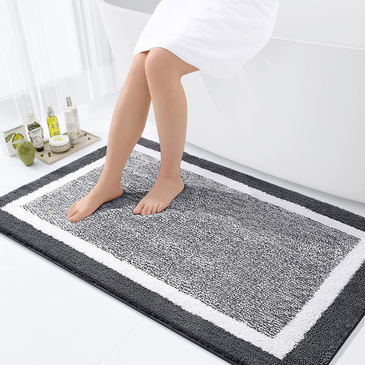 OLANLY Small Bathroom Rugs 24x16, Soft Absorbent Microfiber Bath Rugs, Grey