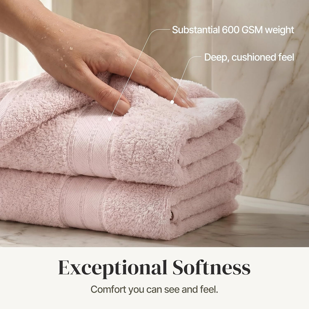 Modern Threads Spun Loft 6 Piece Bath Towel Set – 2 Bath Towels, 2 Hand Towels & 2 Washcloths – 100% Cotton, 600 GSM, Plush, Soft & Absorbent (Blush)