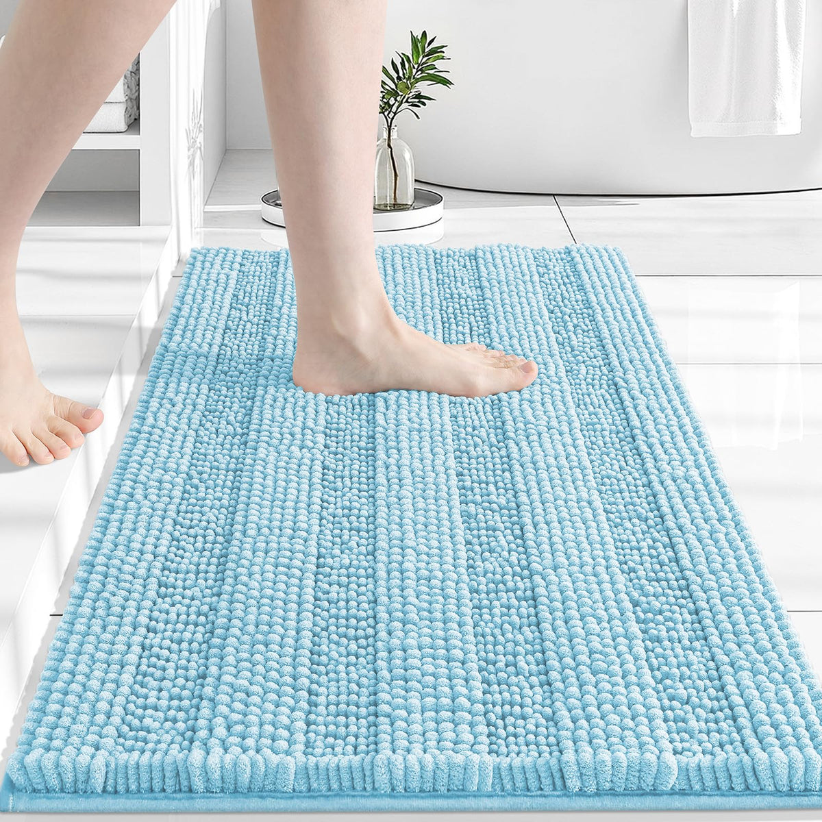 Grandaily Chenille Striped Bathroom Rugs 36x24, Extra Thick and Absorbent Bath Mats, Non-Slip Soft Plush Shaggy Shower Carpet, Machine Wash Dry, Bath Rug for Bathroom, (Large, Light Grey)