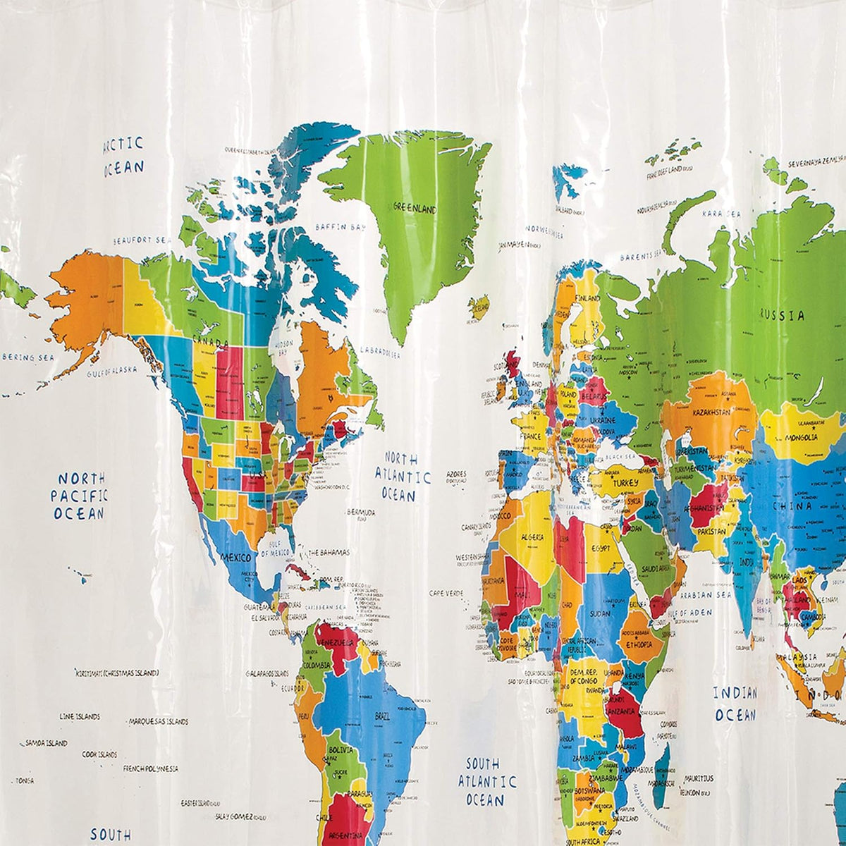 SKL Home The World Map Waterproof PEVA Shower Curtain, Clear/Multi