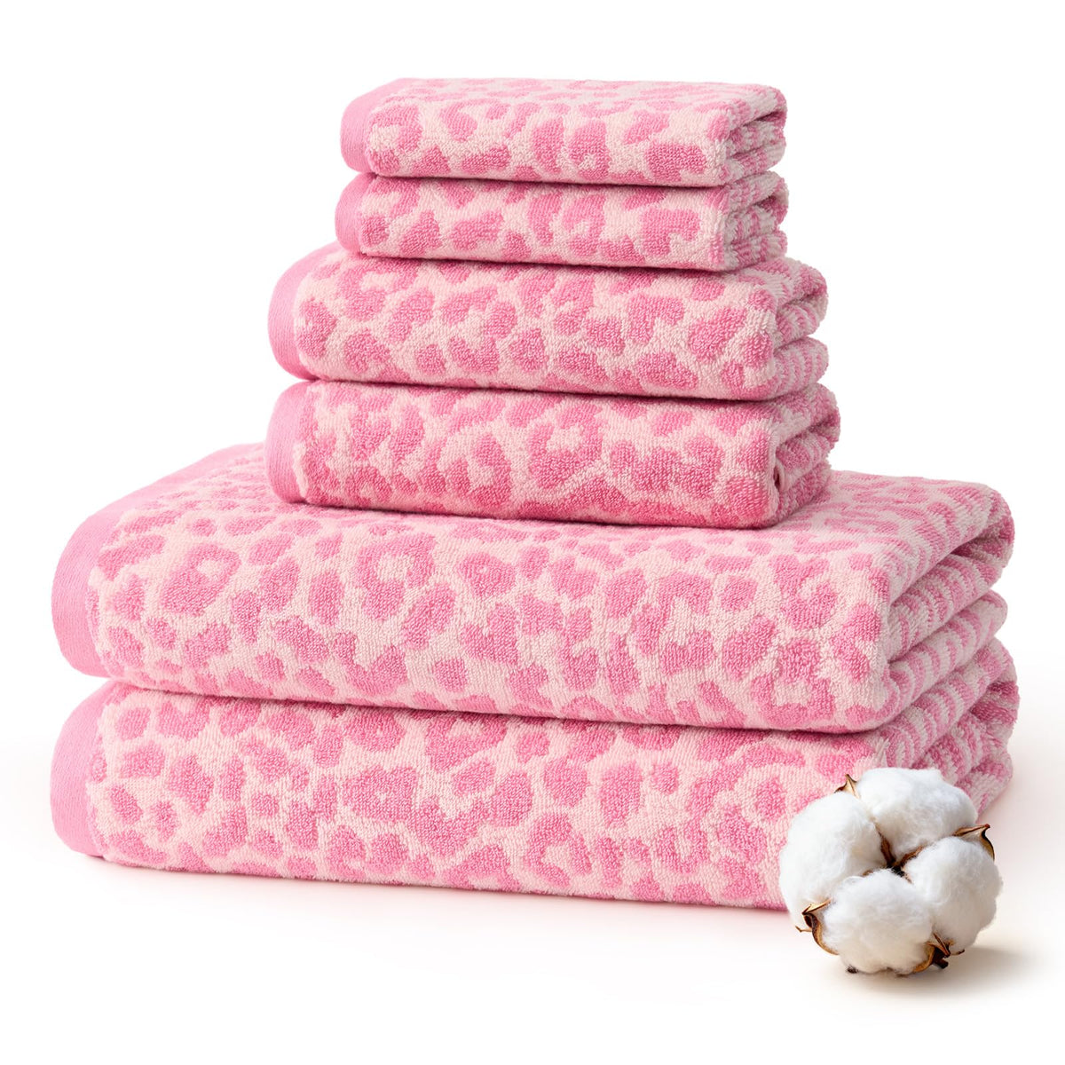REDKISS Leopard Print Towel Set of 6,100% Cotton Bathroom Towels,Quick Dry & Absorbent,2 Bath Towel, 2 Hand Towel, 2 Washcloth-Dark Brown