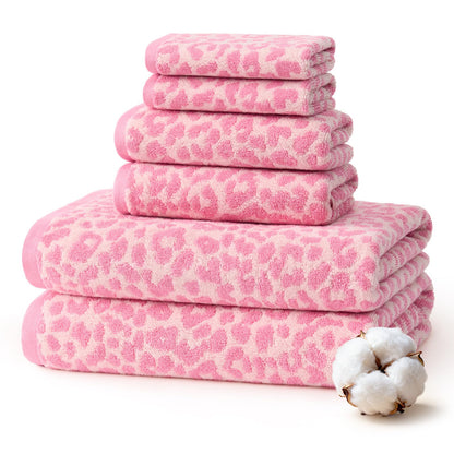 REDKISS Leopard Print Towel Set of 6,100% Cotton Bathroom Towels,Quick Dry & Absorbent,2 Bath Towel, 2 Hand Towel, 2 Washcloth-Dark Brown