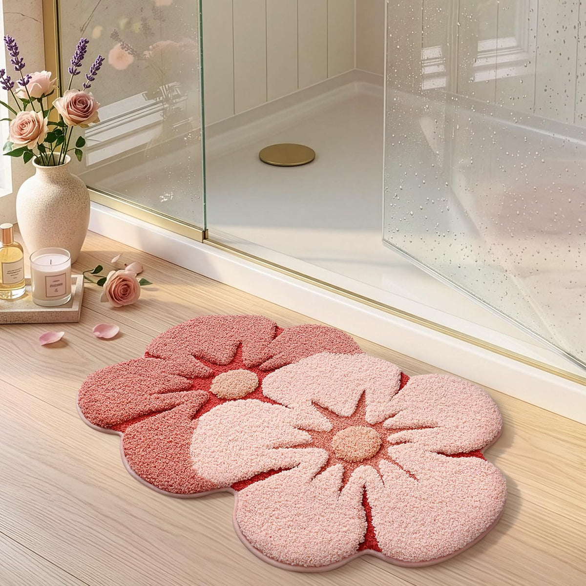 LUMI Flower Bathroom Rug, Absorbent Non Slip Bath Mat, 20"x32", Pink Flower