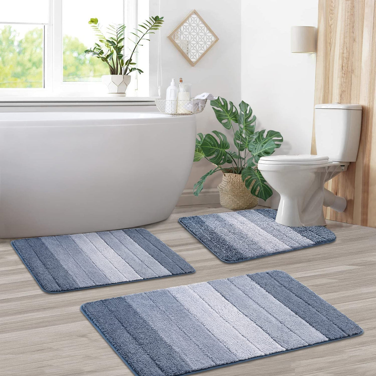 3 Pcs Ombre Bath Mat Set for Bathroom, Non Slip Ultra Soft and Thick Water Absorbent Bath Carpet, Machine Washable & Quick Dry Bathroom Rug, for Bedroom Door Living Room,Green