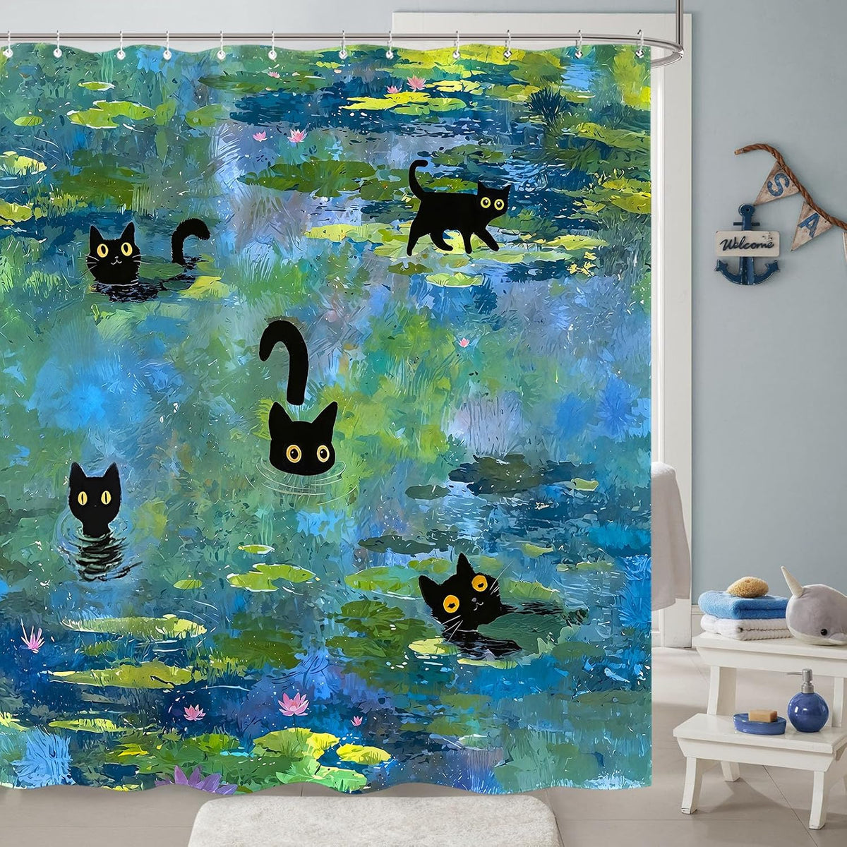 Accnicc Cute Cat Shower Curtain Funny Fun Cool Cats Monet Shower Curtains for Bathroom Water Lilies Waterproof Fabric Bath Curtain Decor 72 X 72 Inch
