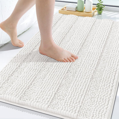 Grandaily Chenille Striped Bathroom Rugs 36x24, Extra Thick and Absorbent Bath Mats, Non-Slip Soft Plush Shaggy Shower Carpet, Machine Wash Dry, Bath Rug for Bathroom, (Large, Light Grey)