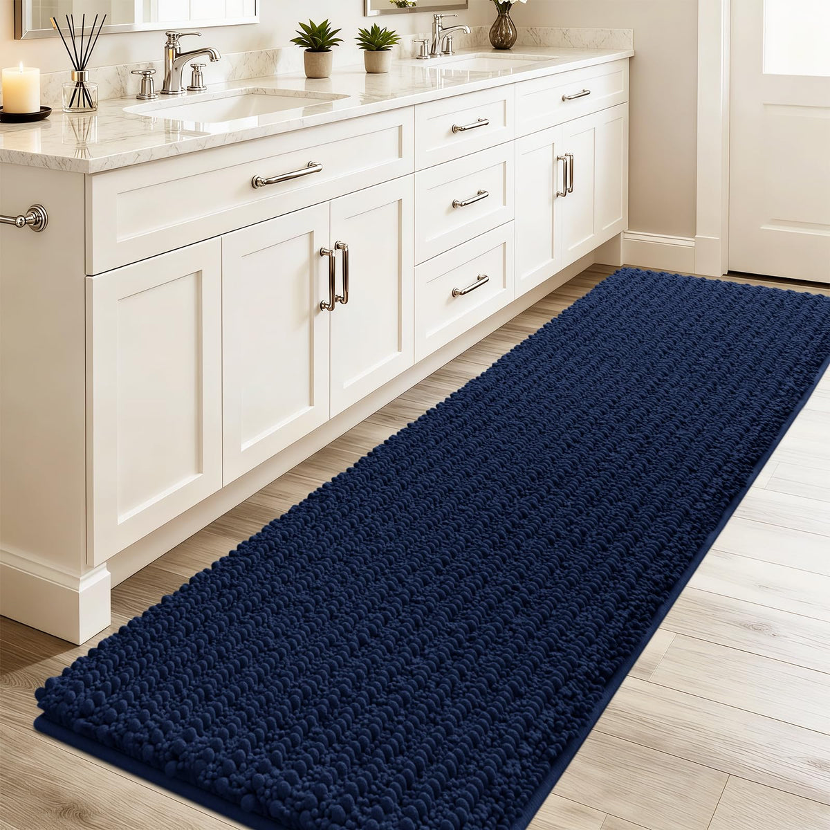 ACCUMTEK Upgrade Extra Large Black Bathroom Rug Set 3 Pieces Ultra Soft, Thick Absorbent Bath Mats, Non Slip Chenille Toilet Mat for Bathroom, Bedroom, Kitchen
