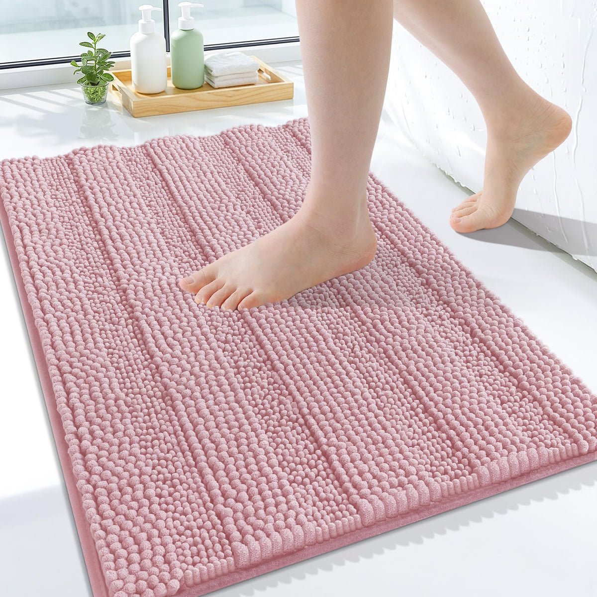 Grandaily Chenille Striped Bathroom Rugs 36x24, Extra Thick and Absorbent Bath Mats, Non-Slip Soft Plush Shaggy Shower Carpet, Machine Wash Dry, Bath Rug for Bathroom, (Large, Light Grey)