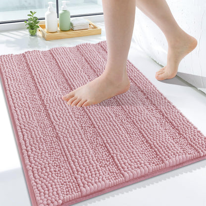 Grandaily Chenille Striped Bathroom Rugs 36x24, Extra Thick and Absorbent Bath Mats, Non-Slip Soft Plush Shaggy Shower Carpet, Machine Wash Dry, Bath Rug for Bathroom, (Large, Light Grey)