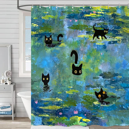 Accnicc Cute Cat Shower Curtain Funny Fun Cool Cats Monet Shower Curtains for Bathroom Water Lilies Waterproof Fabric Bath Curtain Decor 72 X 72 Inch