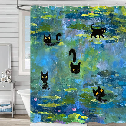 Accnicc Cute Cat Shower Curtain Funny Fun Cool Cats Monet Shower Curtains for Bathroom Water Lilies Waterproof Fabric Bath Curtain Decor 72 X 72 Inch