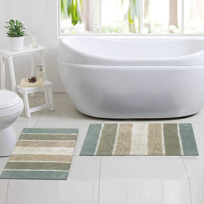 Chardin home Cordural Stripes Bath Mat, Set of 2 Bath Rugs (17 Inches x24 Inches & 21 Inches x34 Inches) | Non Slip Bathroom Rug, Machine Washable, Plush, Highly Absorbent | Bluish Gray- Beige