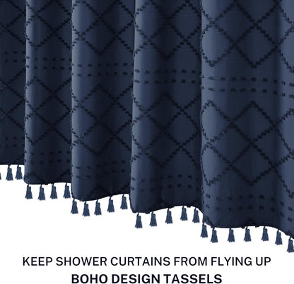 Siiluminisoy Navy Blue Shower Curtain Boho Shower Curtains Fabric, Tufted Chevron Textured Striped Modern Minimalist Cloth Shower Curtain for Bathroom, 72 x 72