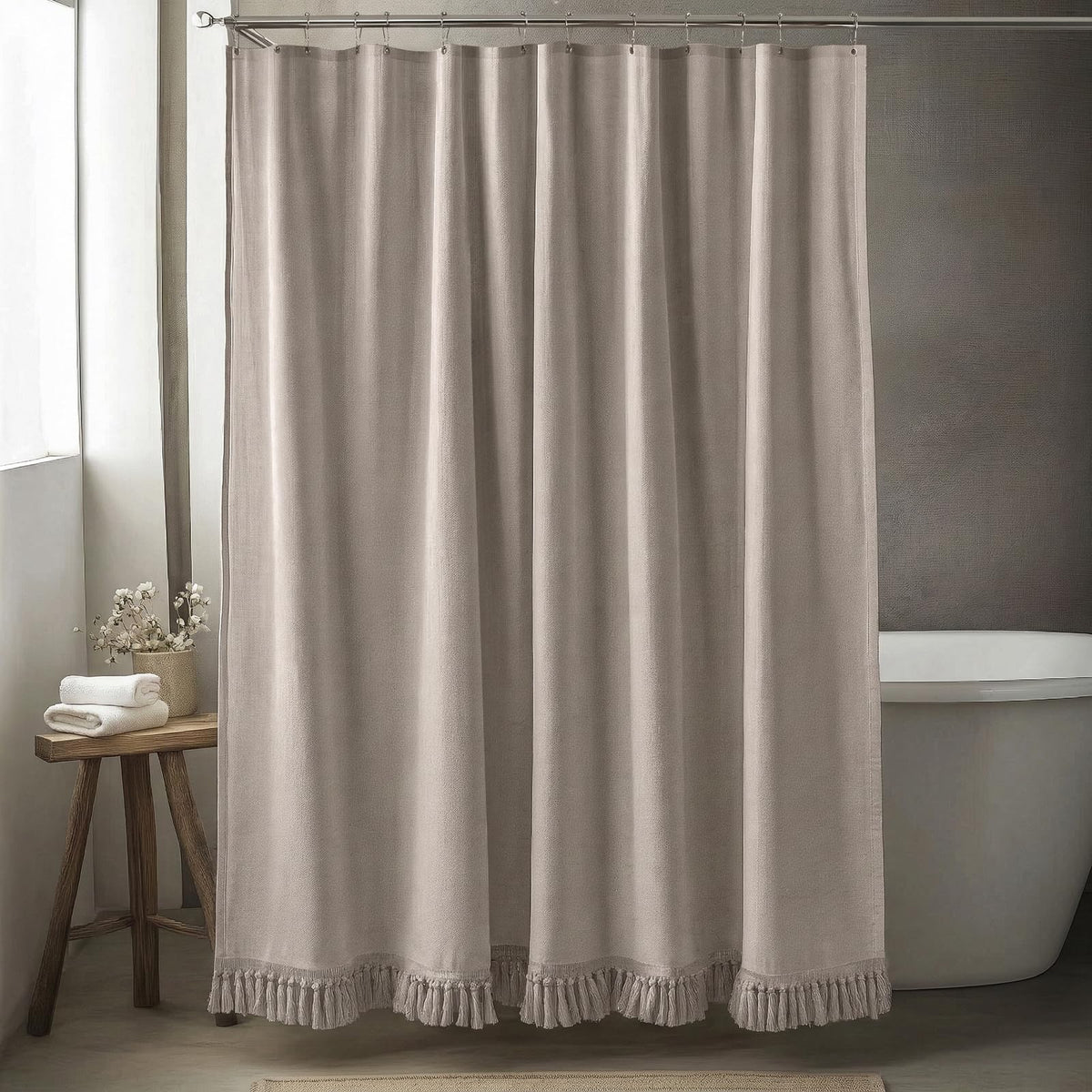 Linen Shower Curtain Boho Beige Shower Curtain with Tassels 72"W x 84"L